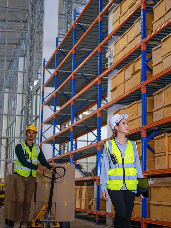 Pareja trabajando en un almacén industrial